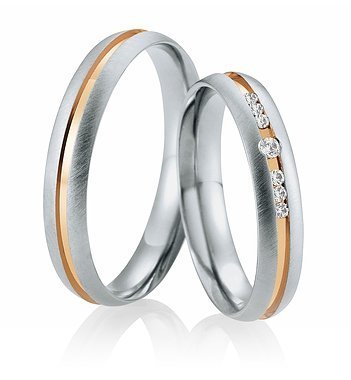 Wedding rings of 8k pink chrysos and palladium with Breuning diamonds 026590