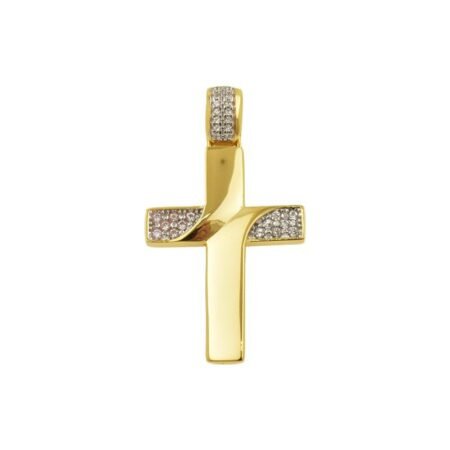 14K gold cross with pink enamel and zircon 6745